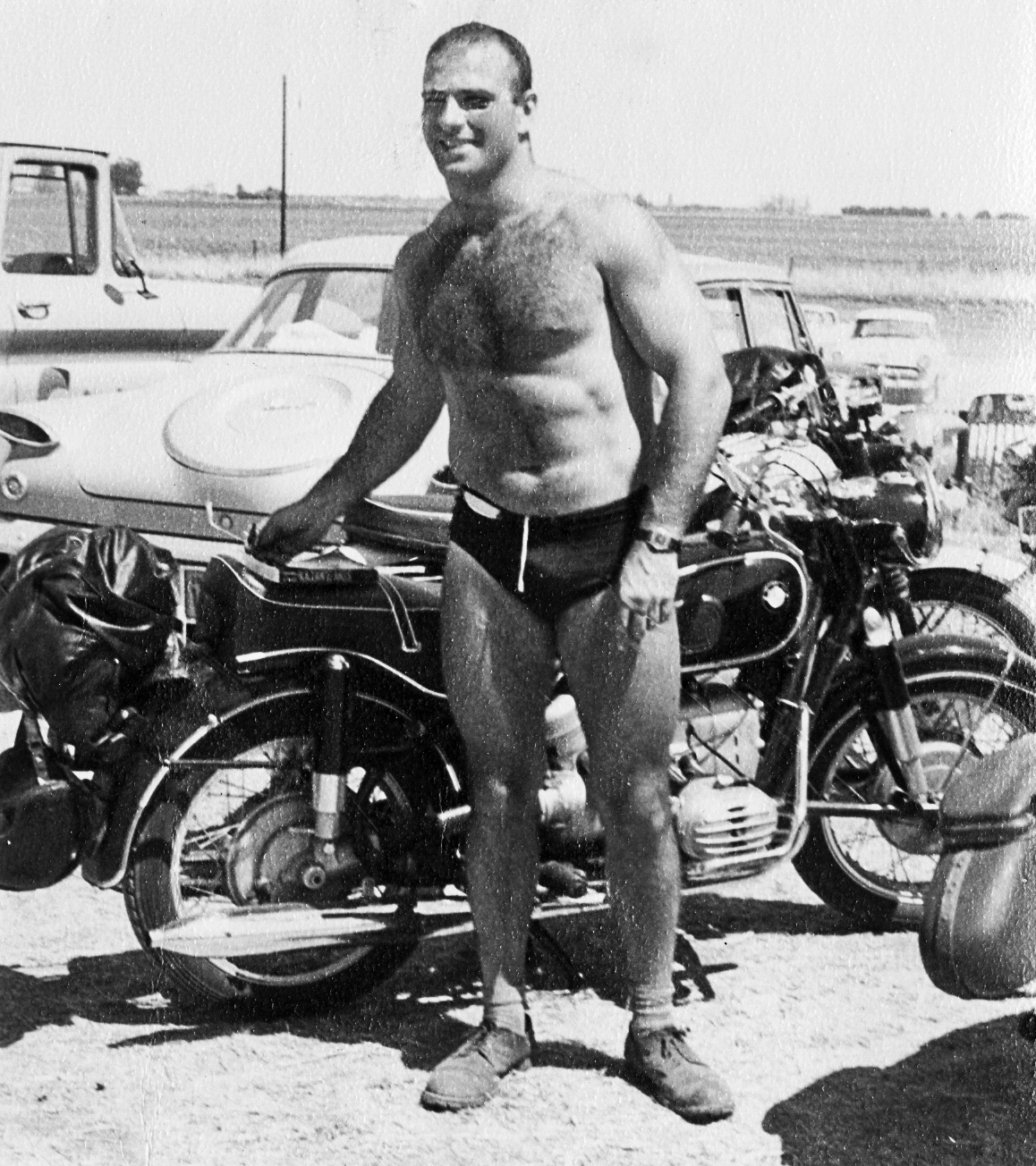 A muscled Sacks and his beloved BMW motorbike at Muscle Beach. Photo courtesy of the Oliver Sacks Foundation.
