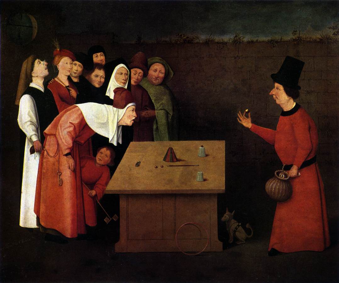Hieronymus Bosch’s “The Conjurer.” A magician performs the classic cup and balls routine, the basis for the infamous shell game. (Notice the gentleman being pickpocketed!) Via Wikimedia