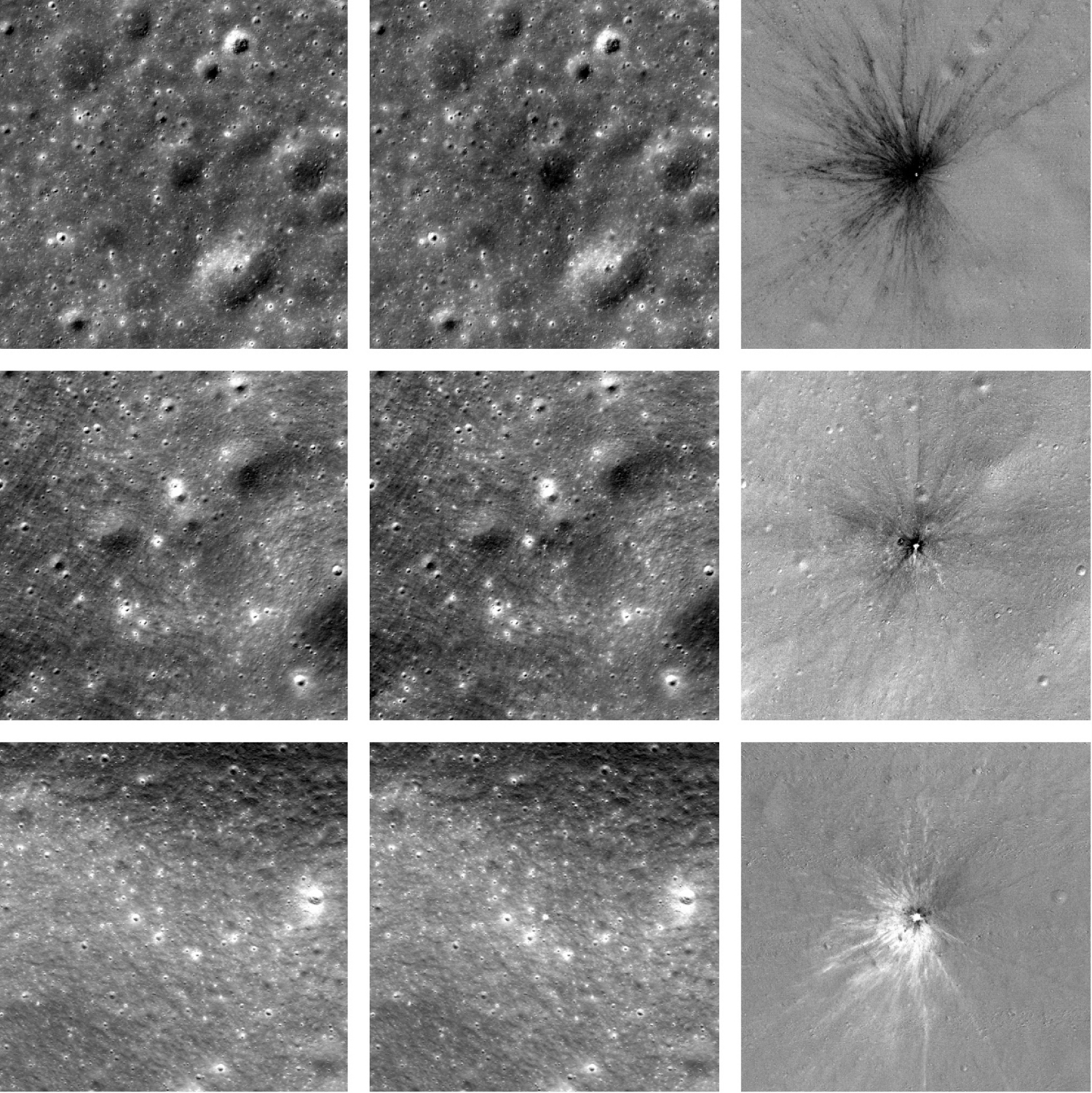 Scientists can identify newly formed craters by comparing images of the same area taken over time. Credit: NASA/Goddard Space Flight Center/Arizona State University 