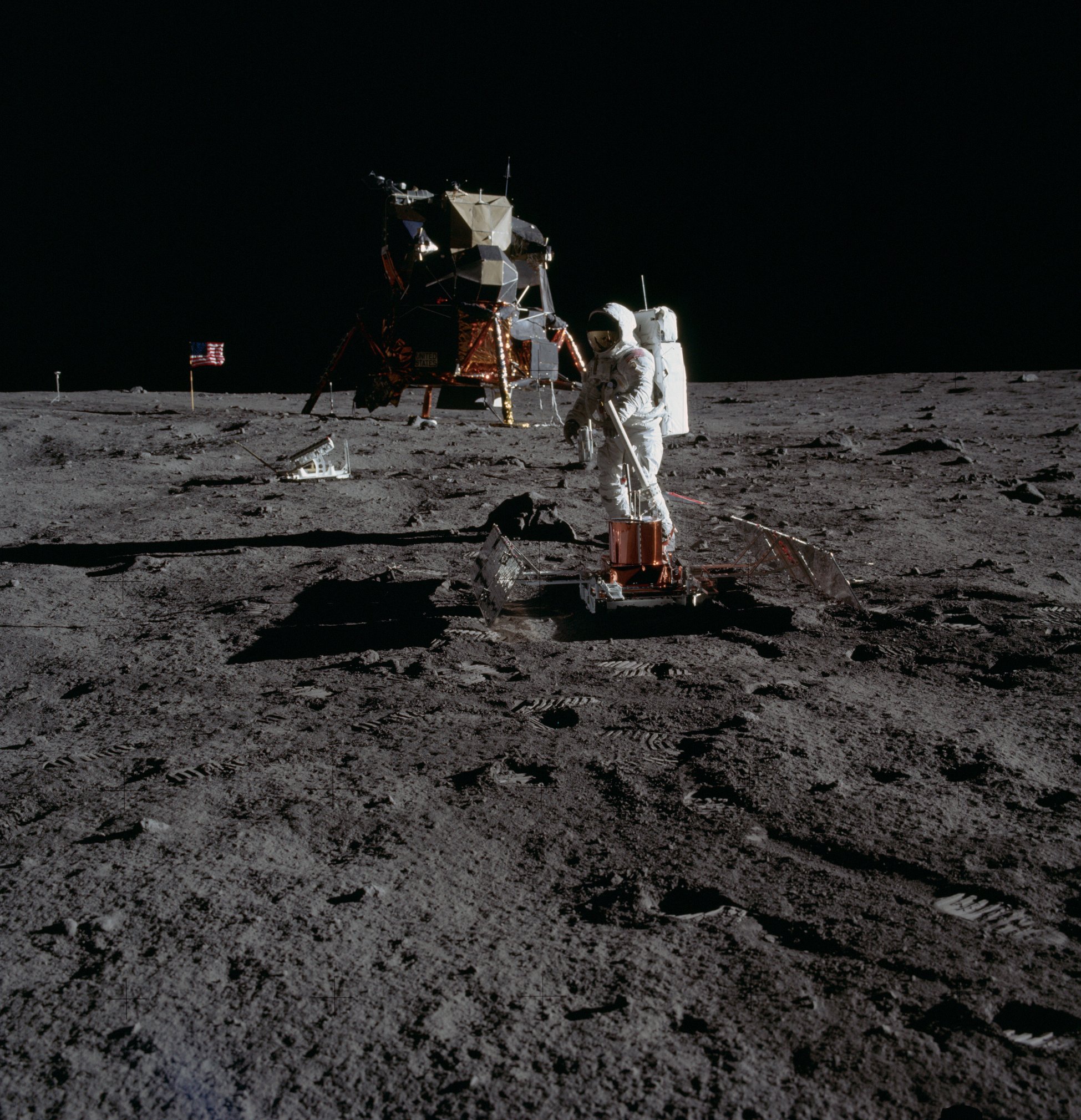 Astronaut Buzz Aldrin, levels the Passive Seismic Experiments Package PSEP. Image taken at Tranquility Base during the Apollo 11 Mission. Credit: NASA
