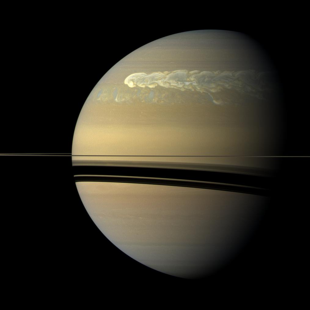 The huge storm churning through the atmosphere in Saturn's northern hemisphere overtakes itself as it encircles the planet. Credit: NASA/JPL-Caltech/SSI