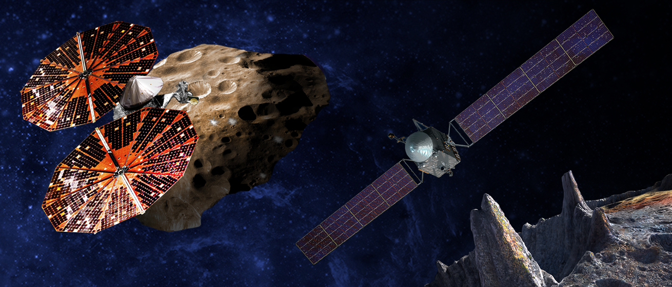 (Left) An artist’s conception of the Lucy spacecraft flying by the Trojan Eurybates. Trojans are fossils of planet formation and will supply important clues to the earliest history of the solar system. (Right) Psyche, the first mission to the metal world 16 Psyche will examine a landscape unlike anything explored before. Psyche will teach us about the hidden cores of Earth, Mars, Mercury and Venus. Credit: SwRI and SSL/Peter Rubin