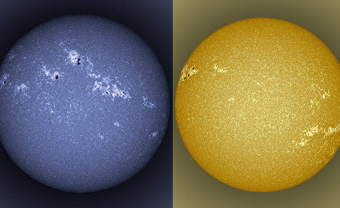 two different images of the sun. one is blue and the other is yellow. it helps show different spots on the sun