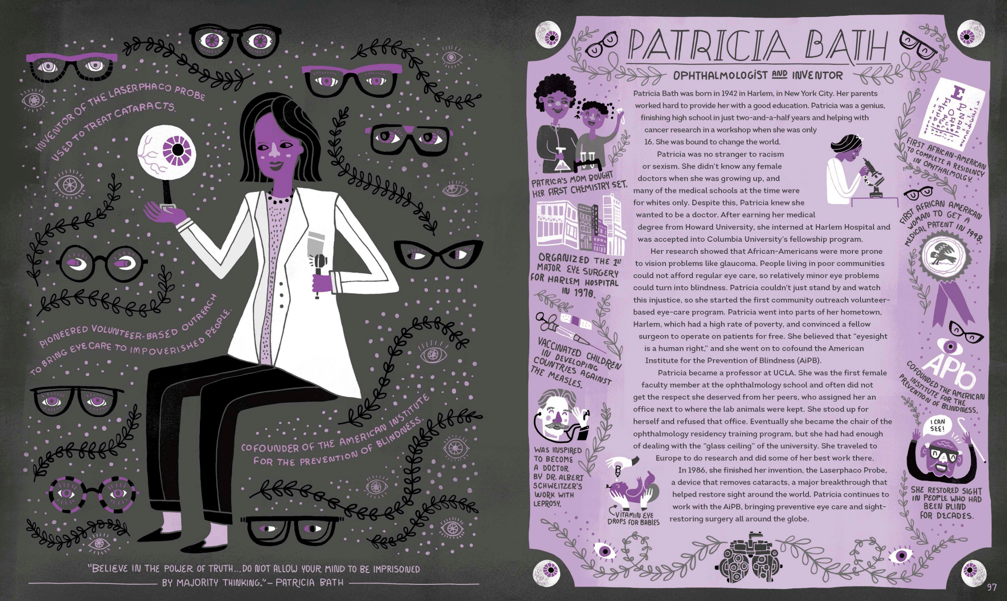 patricia bath. a comic illustration in purple and black and white tones of a woman scientist in a lab coat holding up a model eye. around her are glasses and eyes. text around her tell her story and that she invented laserphaco probe that is used to treat cataracts.