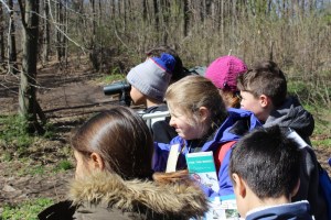 Students gather outdoors in a city park to go birding.