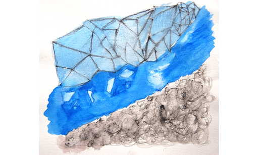 A watercolor painting showing a grey stoney inclice rising from left to right. Over it is a blue watery swatch of color. The final layer is looks like ice with geometric shape sin pale blues.