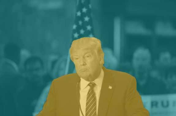 a gold and blue tinted photo of donald trump