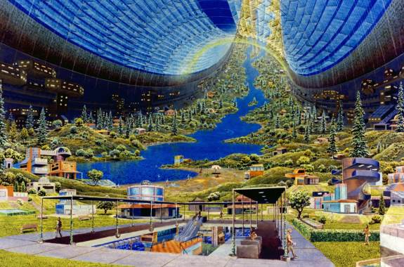 The interior view of a toroidal space colony