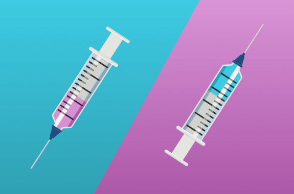 an illustration of two needles filled with different colored liquid