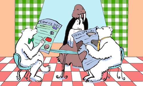 two polar bears reading menus at a dinner table being waited on by a walrus