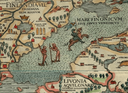 zoomed in depiction of skaters on bone skates with pole