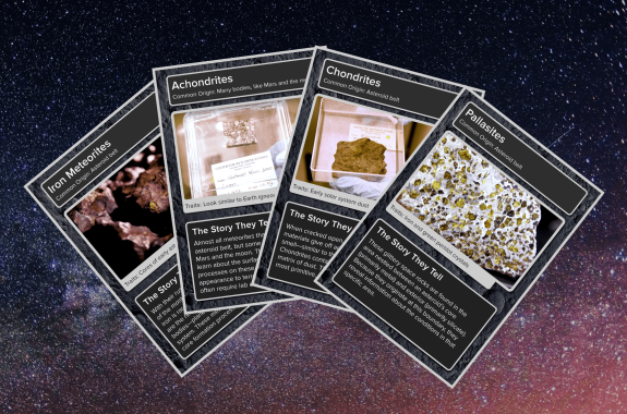 four black and gray pokemon-style trading cards showing meteorites. the cards are fanned out on a backdrop of stars