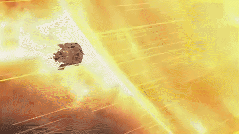 gif of animation of satellite approaching sun with solar rays shooting out of it