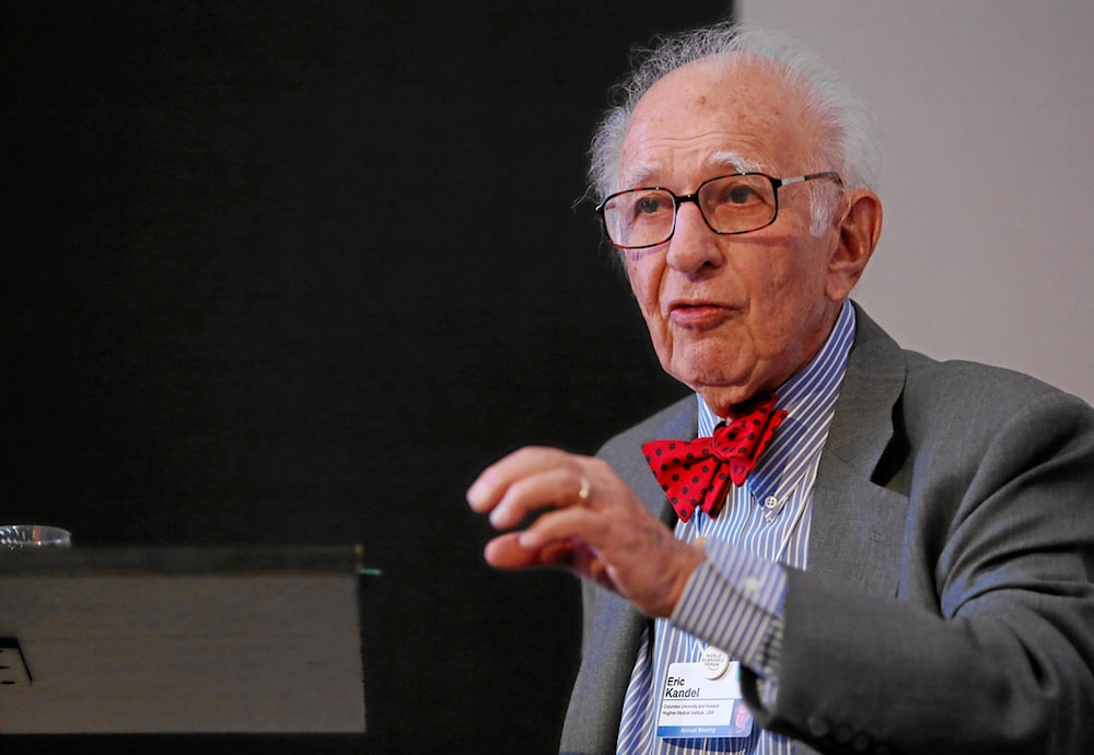 eric kandel wearing red bow tie and gesturing with hand with giving a speech