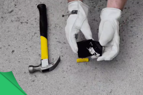 two hands holding circuit wearing gloves and next to a hammer
