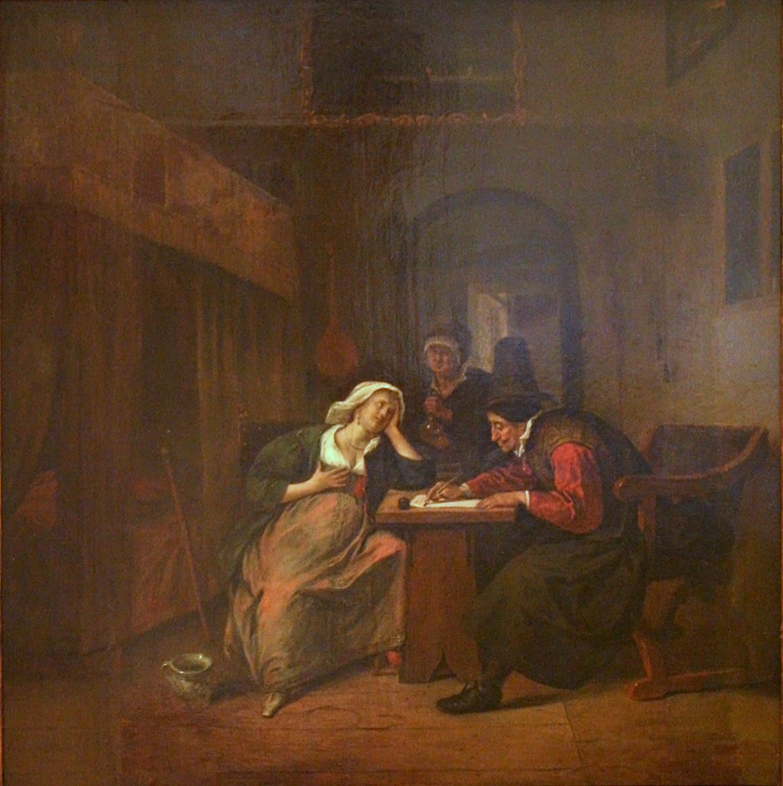 A painting of a 17th century pregnant woman and her doctor