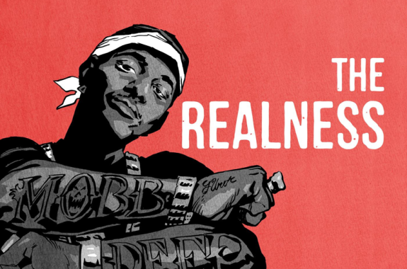 an illustration of a black man with a bandana tied around his head holding his tattooed forearms up