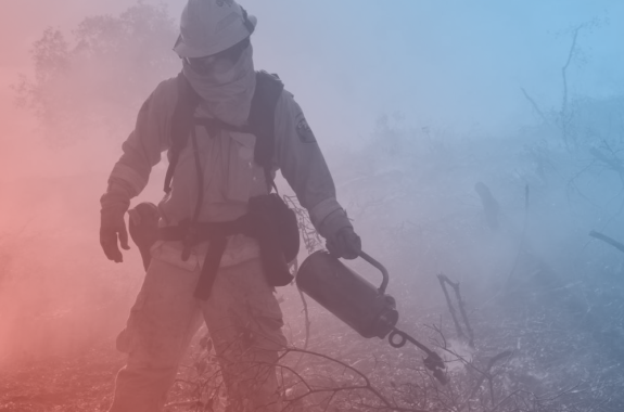 a fire person stands in a burning, smoky field and is holding a flame torch. the fire person is deploying a prescribed burn