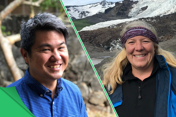 a cross cut image, with an asian male on the left and a white woman on the right standing in front of mountains. there is a green peel in the left corner