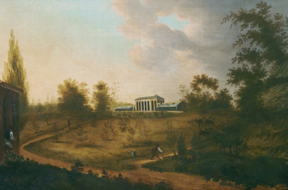 oil painting of the elgin botanic garden at sunset, with a white strucuture off in the distance surrounded by agricultural landscape