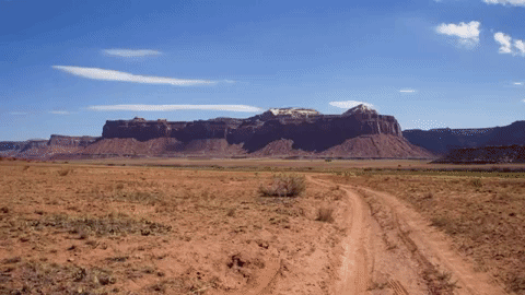 a desert barren canyonland over layed with triassic reptiles lounge around a river in a savannah-like wetland