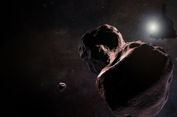 the new horizons spacecraft sillouheted against the sun approaching three large asteroids