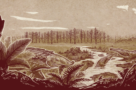 triassic reptiles lounge around a river in a savannah-like wetland
