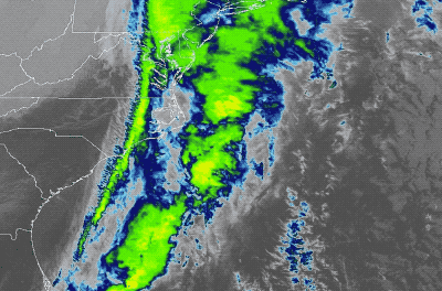 an animation of radar of clouds and precipitation moving across the east coast of the united states. the clouds are bright neon green and blue