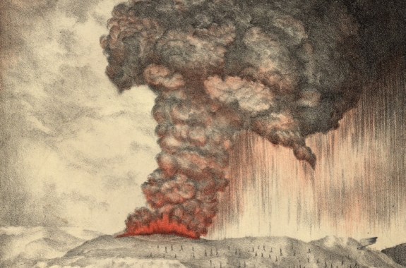 an illustration of a volcanic eruption. a huge plume of ash is sent into the air