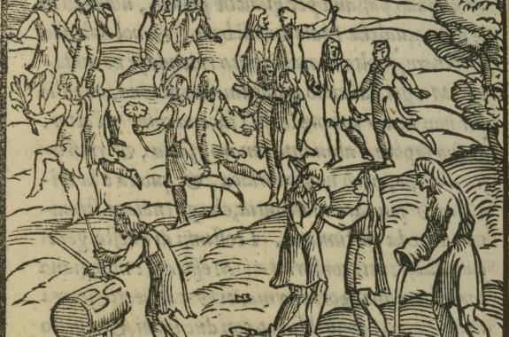 etching of large group of people dancing and drinking from vats in rolling hills