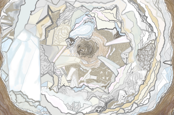 illustration of gray and white swirling tunnel full of geodes