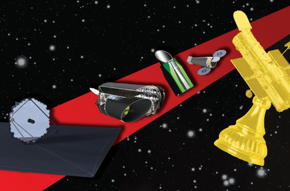 four renderings of space telescopes walking down a red carpet in a starry field. on the right there is a golden hubble trophy