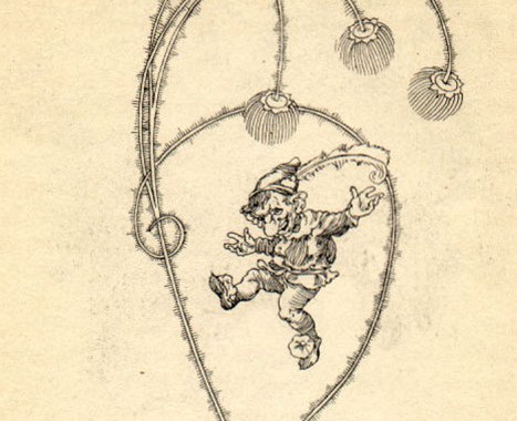 drawing of a mischievous-looking elf with hat and dancing