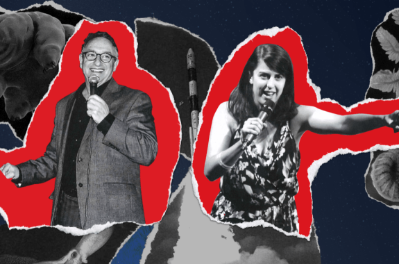 collage style image with two people, one of them pointing, with rockets, leaves, and tardigrades in the background