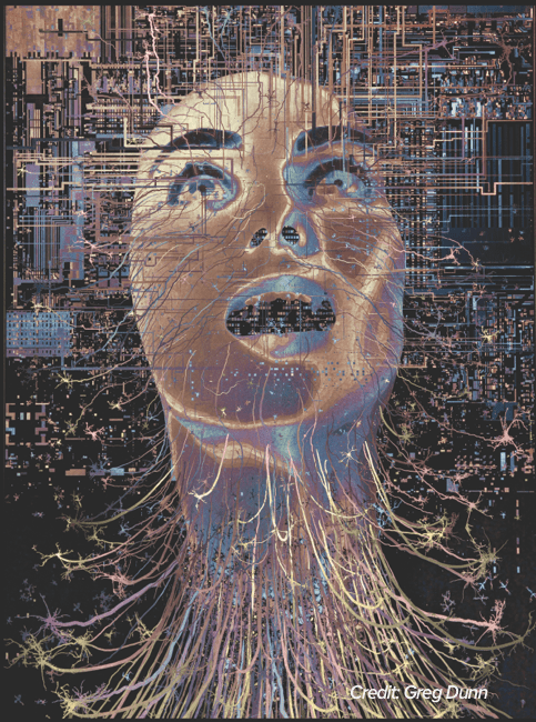 view of a face with open mouth and lines exiting from it in all different directions