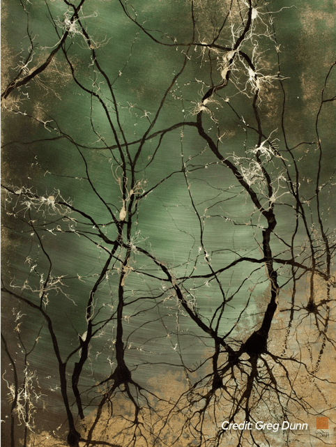 greenish landscape with what could be either branches or neurons firing in black and gold ink on top
