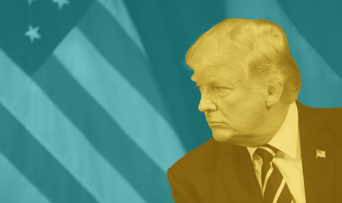 a blue and yellow branded filter over an image of president trump in front of the american flag