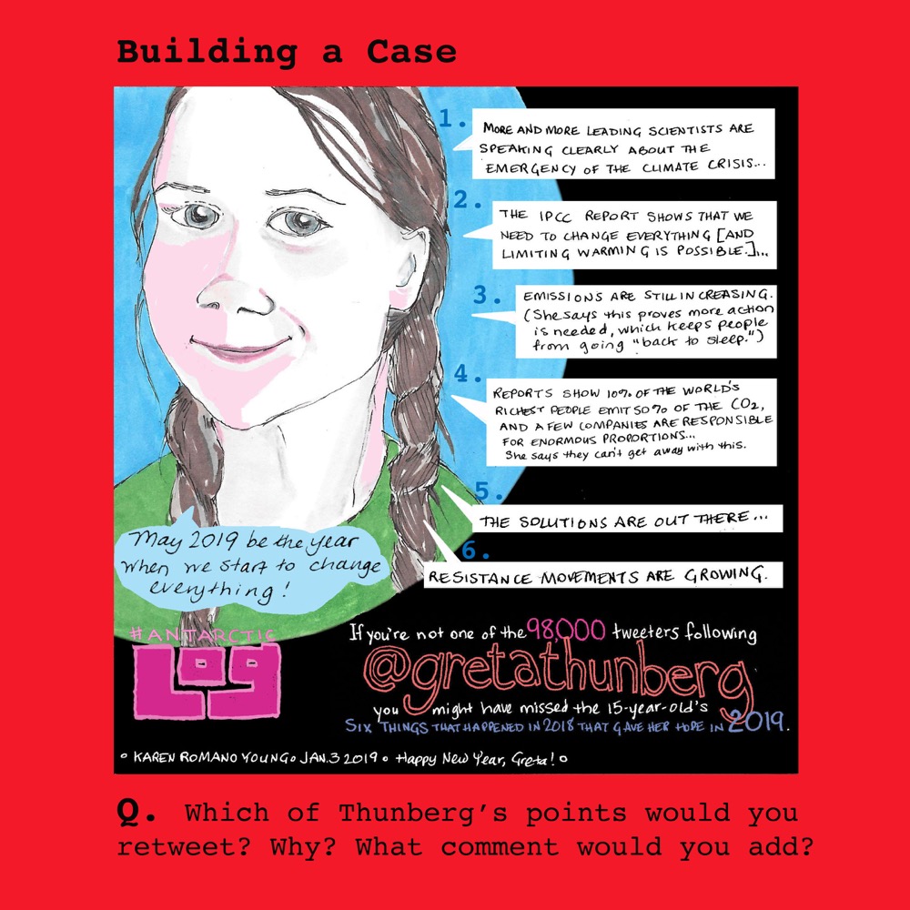 A comic about Greta Thunberg's main talking points compelling others to act on behalf of climate change © Karen Romano Young