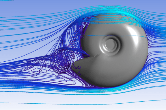 a gray 3D modeled circular coiled shell is surrounded by many different thing blue lines of varied shades.