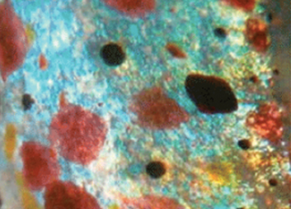 a close up of cephalopod skin. it's a bright blue shiny color, with speckles of dark red, brown, yellow and pink