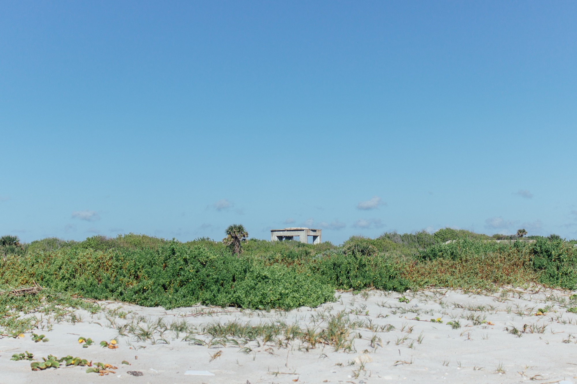 beyond sand and shrubbery, a square concrete structure appears in the distance