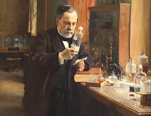 a painting of a middle-aged louis pasteur in his lab holding up a glass vile during an experiement
