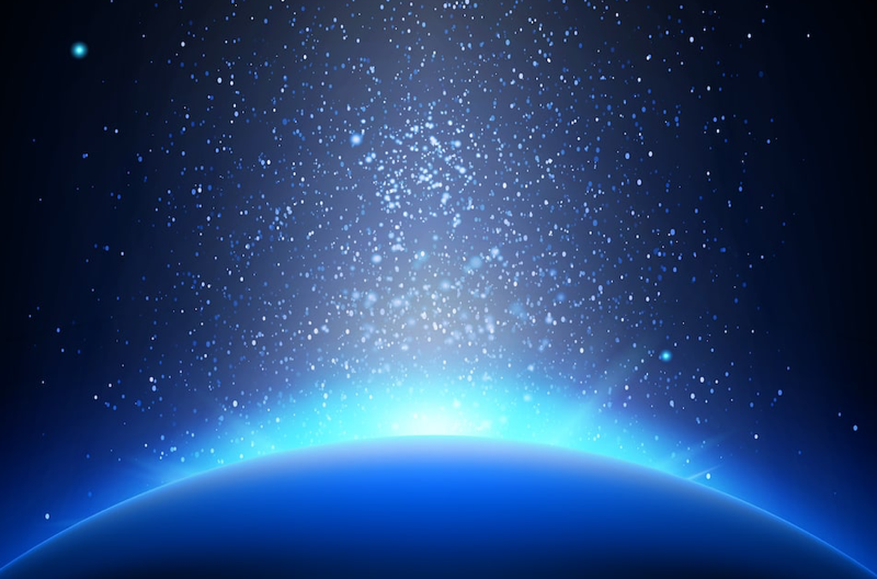 abstract planet shooting blue rays out of it on inky black background