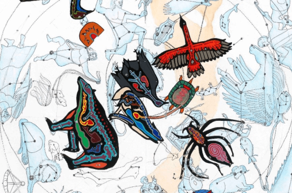 a star map with greek constellations in muted colors with indigenous constellations in bright colors painted on top, including images of birds, spiders, fishers, and bears