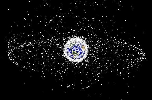 A computer-generated image of objects in Earth orbit that are currently being tracked.