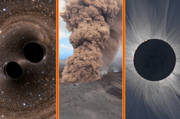 a three way sliced image of an illustration of two black holes colliding, a huge cloud from the kilauea eruption, and the solar eclipse