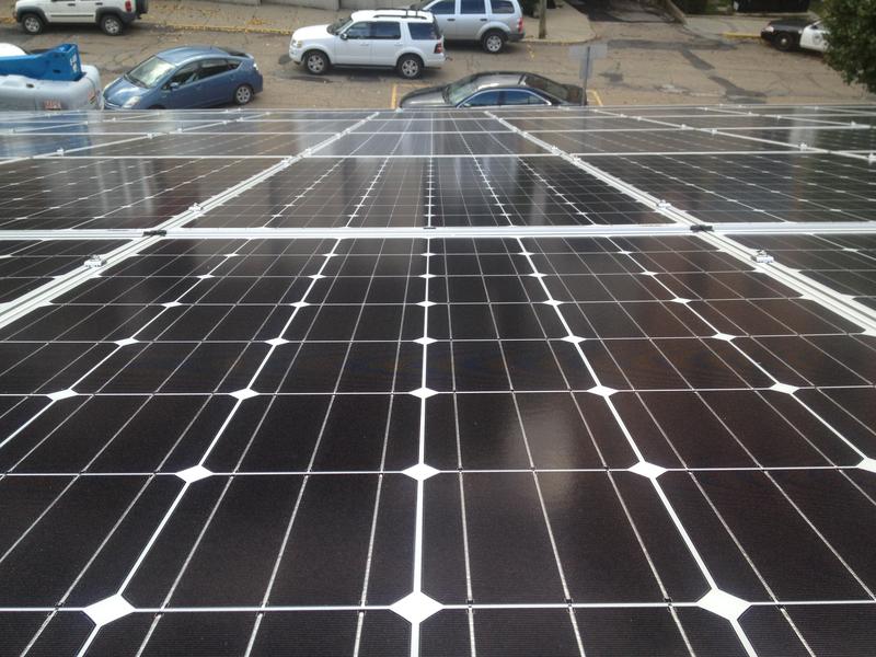 looking down at slanted solar panels.