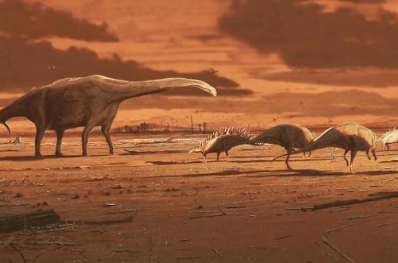 a colored illustration of dinosaurs in a desert like environment