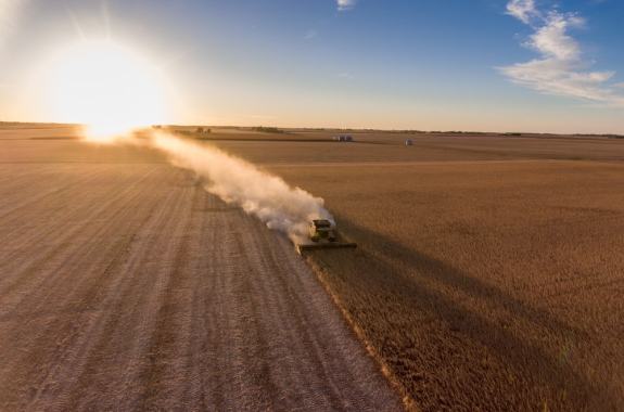 Combine at nightfall cutting corn in a field in midwest United States