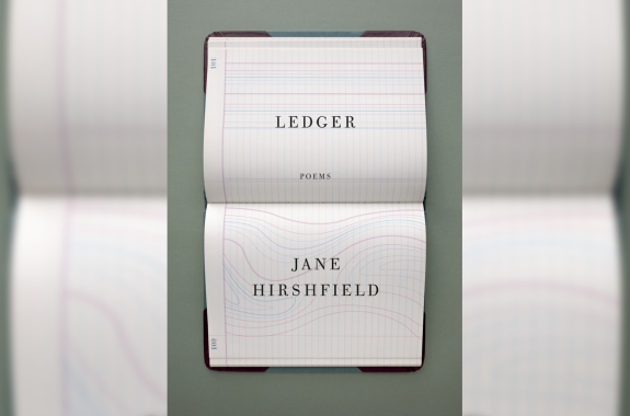 a book cover that shows an open book with thin cartography lines. it reads "ledger, poems" by jane hirshfield